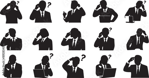 Silhouettes of businessmen with question marks and laptops