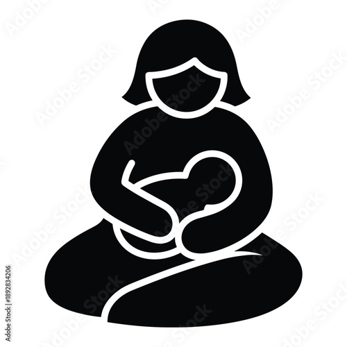 Mother sitting and holding baby icon, serene moment of maternal love and peace, black silhouette