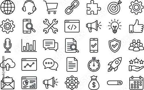Business marketing and startup line icons set for web app ecommerce analytics communication finance and project management presentation design