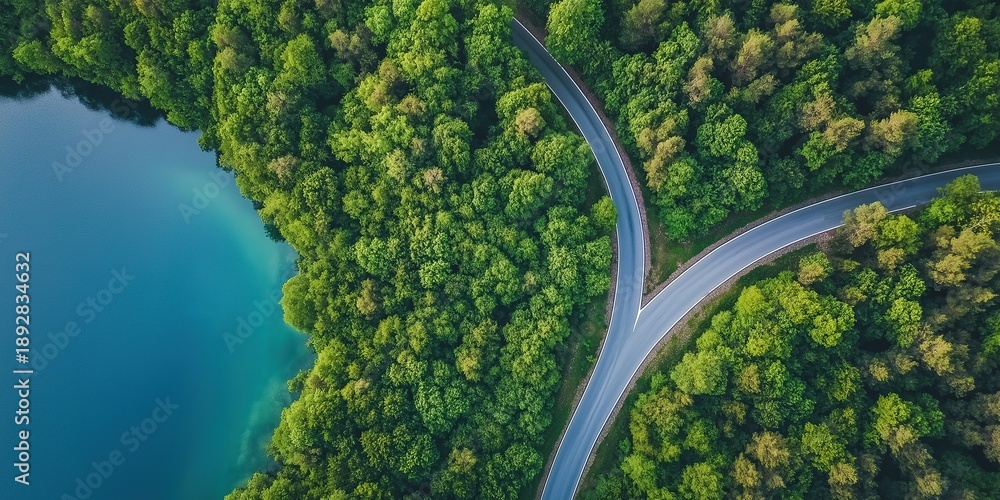 Naklejka premium Aerial view of road winding through forest with lake splitting into two directions showcasing beautiful natural scenery