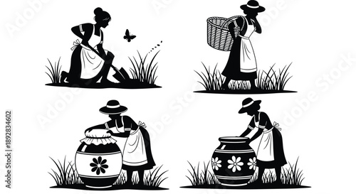 Vintage silhouette women farming scenes, rural garden work, black and white illustration, traditional lifestyle, pottery jars, harvest basket, butterfly, art