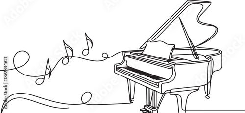 Classic piano with music notes tone one line art drawing.one line vector illustration with white background