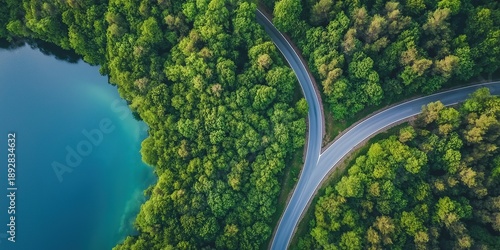 Aerial view of road winding through forest with lake splitting into two directions showcasing beautiful natural scenery