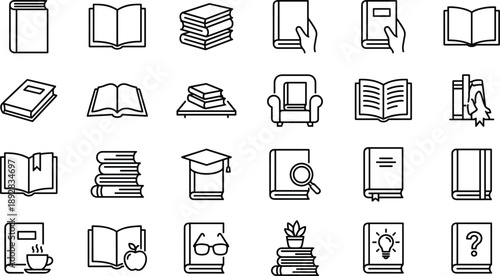 Education and reading line icons set with books study learning library and knowledge symbols for school website app and online course design