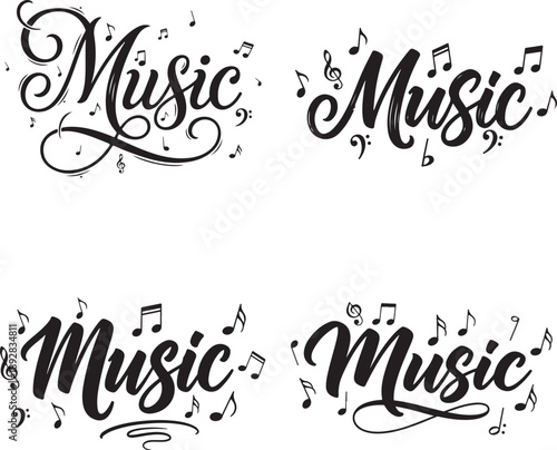 Collection of elegant 'music' word art with decorative musical notes for creative designs