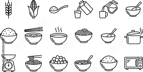 Cooking food and kitchen line icons set with rice soup noodles milk cereal and meal preparation symbols for recipe app website and restaurant menu design