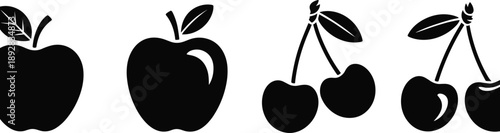 Apple and cherry fruit silhouette set, fresh food vector icons, healthy organic fruits illustration, minimal design elements isolated on white background