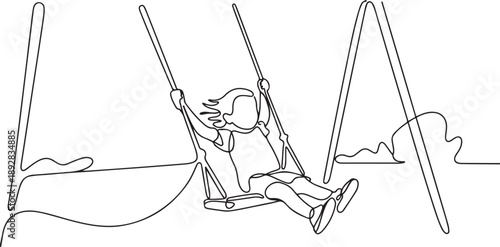 Continuous line art drawing of happy kid playing swing in the park.one line vector illustration with white background