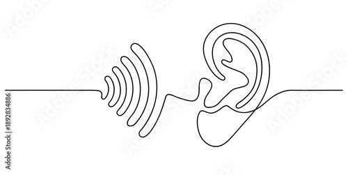 Human Ear with Sound Waves One Continuous Line Art Hearing Sense Listening Anatomy Vector Illustration