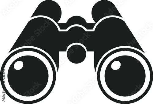 Binoculars icon silhouette, observation optics symbol, spying surveillance concept, wildlife watching equipment, travel exploration design, black flat vector illustration graphic