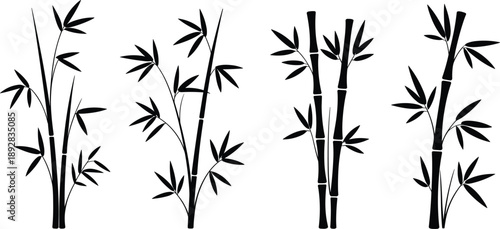 Black bamboo plant silhouette set, oriental botanical vector collection, bamboo stalks leaves illustration, nature design elements isolated on white background