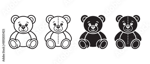 Set of teddy bear illustrations, line art and silhouette versions, isolated on white background.