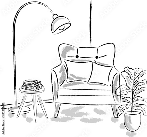 Minimalist black and white sketch of a cozy interior space with a soft armchair, standing floor lamp, small table with books, and a potted plant. Vector illustration. 