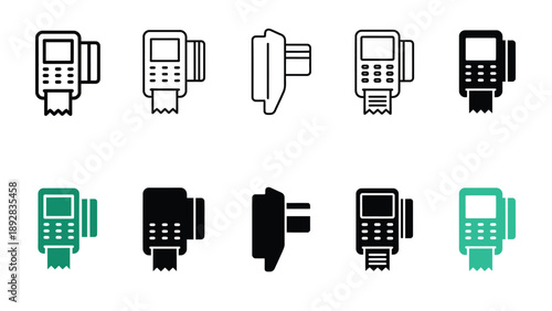 A collection of payment terminal icons in various styles and colors