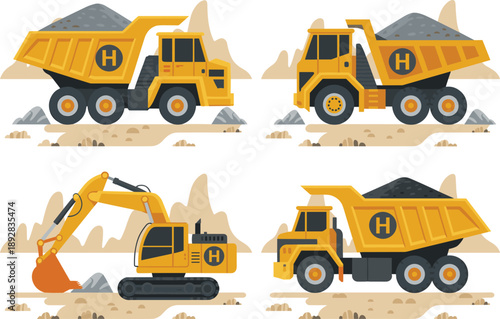 Construction machinery illustration set, yellow dump truck and excavator in quarry, heavy equipment, flat design vector artwork