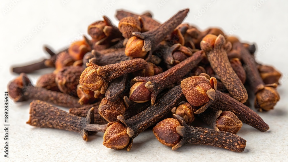 Obraz premium Top-Down View of Dried Clove Buds Piled Together on Neutral Background