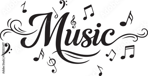 Elegant musical typography with floating notes and artistic flourishes