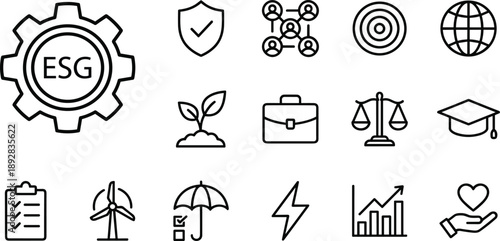 ESG sustainability and corporate business line icons set for finance technology environment growth strategy and professional marketing presentation design