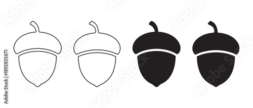 Set of Acorn Icons. Outline and Silhouette, Representing Growth and Nature, Isolated on White Background.