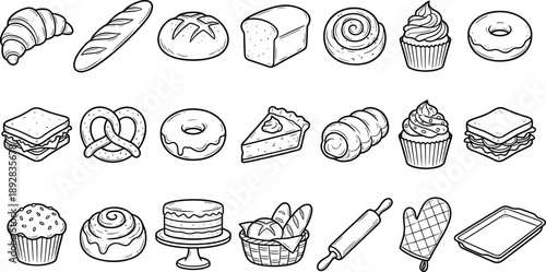 Hand drawn bakery food line icons set with bread pastry dessert and baking tools for cafe menu packaging website branding and marketing design