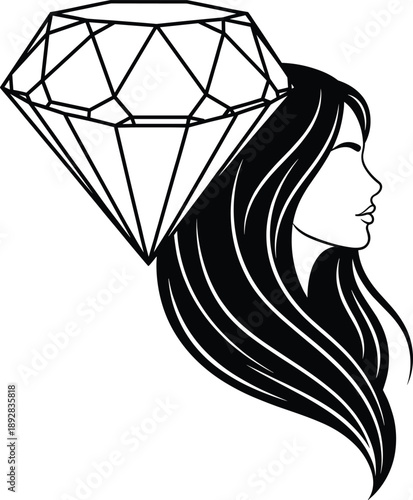 Stylized Black and White Profile of Woman with Flowing Hair and Geometric Diamond Symbolizing Beauty, Strength, and Elegance