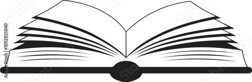 An open book illustration with black lines on a white background