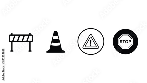A set of road safety signs and symbols on a white background