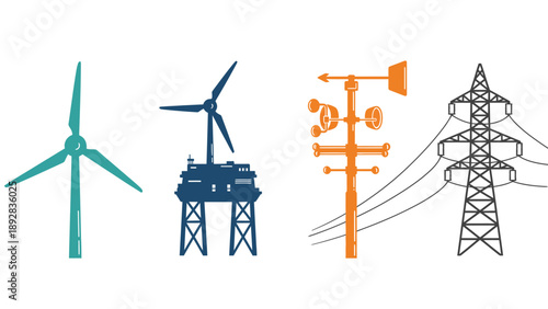 An illustration of various renewable energy infrastructure components