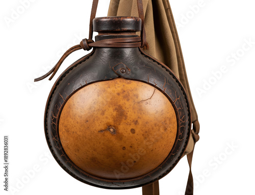 Antique leather wrapped round water canteen flask with strap on a transparent background