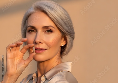 Beautiful Mature Woman Holding Vitamin Capsule for Health Wellness and Anti Aging Skin Care Routine