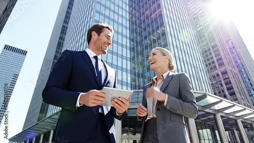 A happy business couple laughing together while looking at a tablet outdoors among impressive modern skyscrapers on a sunny day.