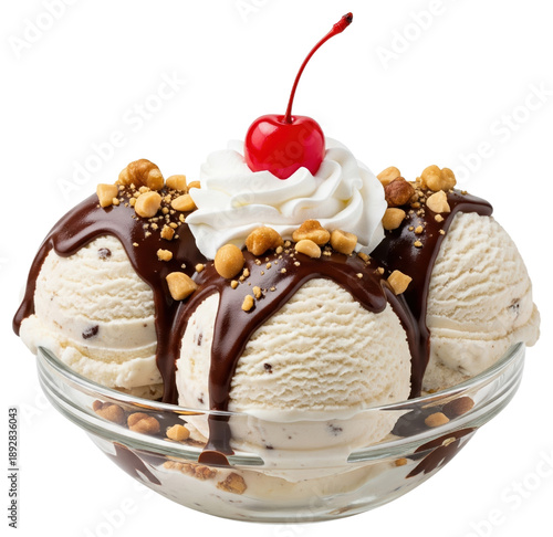 Vanilla ice cream scoops with chocolate sauce and cherry on a transparent background