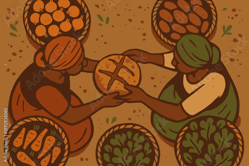 two women exchanging bread surrounded by baskets of vegetables in a rustic and earthy style
