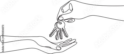 Continuous line drawing of hand giving keys to the car or apartment.one line vector illustration with white background