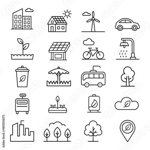 Green city icon set vector. Eco building, solar panel house, wind turbine, electric car, bicycle lane, city park tree, green garden, recycling bin, water saving tap symbol. vector illustration.