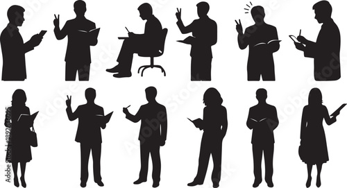 Silhouettes of business people in various professional poses and gestures