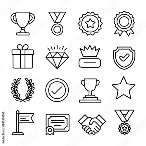 Reward icon set. Trophy, medal, star badge, ribbon award, crown, gift box, certificate, diamond, shield check, achievement flag, success handshake, approval badge symbol. vector illustration.