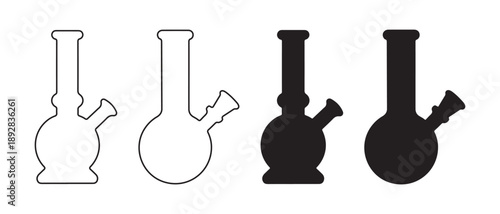 Bong Water Pipe Line Art and Silhouette Icons isolated on white background.
