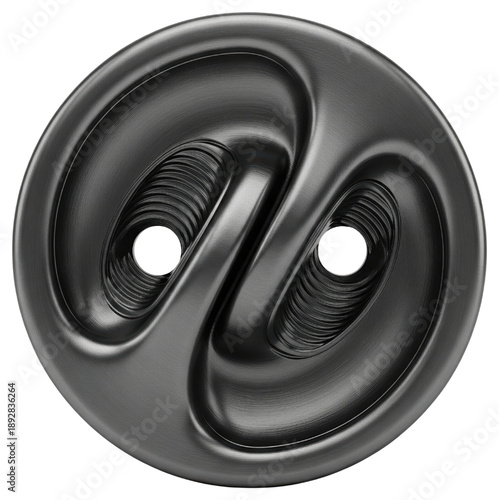 Round black clothing button with two holes and swirl design on a transparent background