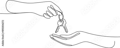 Continuous line drawing of hand giving keys to the car or apartment.one line vector illustration with white background