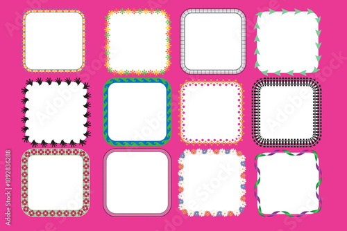 A vintage collection of colorful vector labels and decorative frames featuring postage stamp borders, paper stickers, and ornamental pattern designs for blank card template illustrations