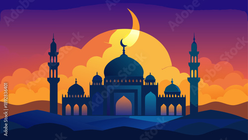Illuminated mosque at sunset with crescent moon