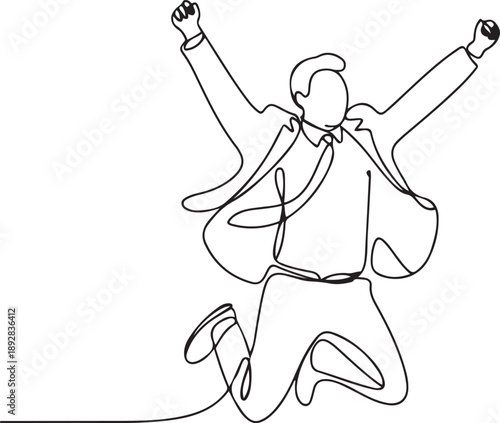 Continuous line, drawing of Office worker jumping happy.one line vector illustration with white background