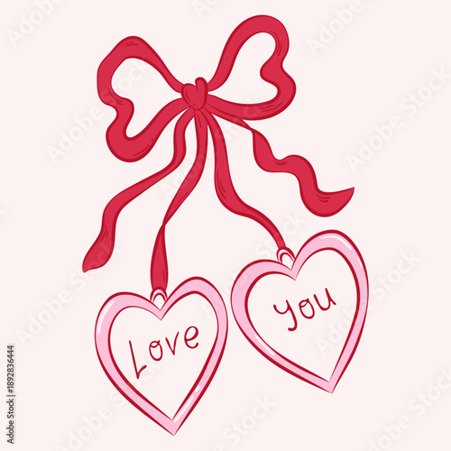 Isolated jewelry with two hearts, text Love you and tied bow in ink sketch style. Flat vector illustration in pink red colors. Template for card, poster, menu, pattern, sticker.