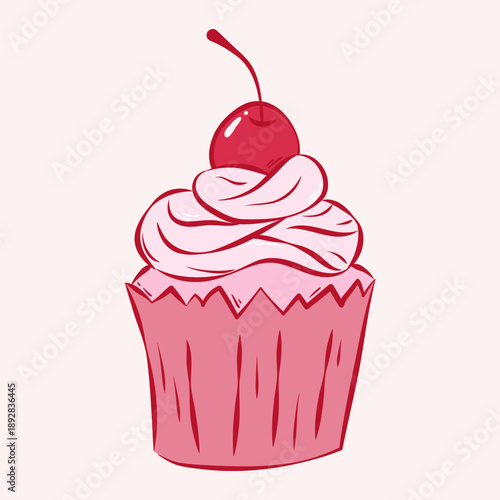 Isolated cupcake with cherry from above in ink sketch style. Flat vector illustration in pink red colors. Design element for card, poster, menu, pattern, sticker.