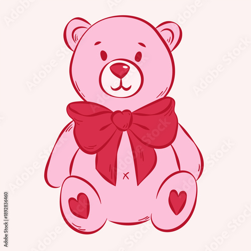 Isolated teddy bear with big red tied bow in ink sketch style. Flat vector illustration in pink red colors. Design element for card, poster, menu, pattern, sticker.