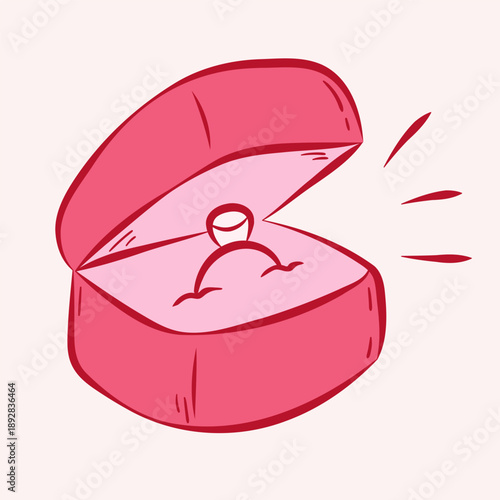 Isolated gift box with a ring in ink sketch style. Flat vector illustration in pink red colors. Design element for card, poster, menu, pattern, sticker.