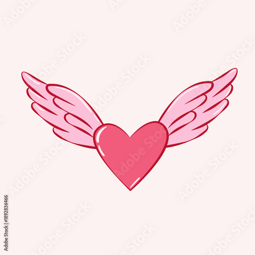 Isolated flying heart with wings in ink sketch style. Flat vector illustration in pink red colors. Design element for card, poster, menu, pattern, sticker.