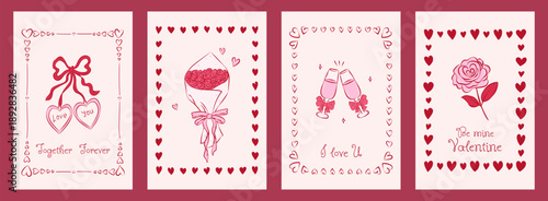 Set vintage cards for Happy Valentines Day. Hearts, bouquet, glasses of champagne and single rose in ink sketch style. Template for poster, invitation, cover.