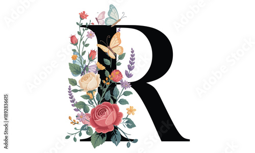 Beautiful alphabet R with floral watercolor bouquet